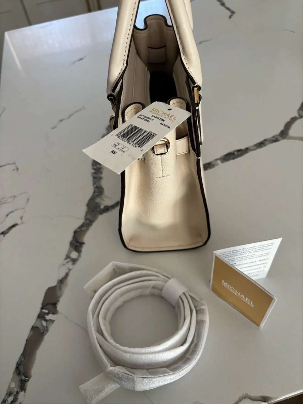 Michael Kors Cream & Black Snake-Print Leather Satchel with Gold Hardware